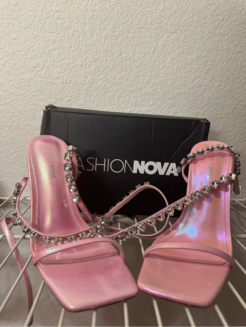 Fashion Nova Metallic Pink Jeweled Strappy Heels